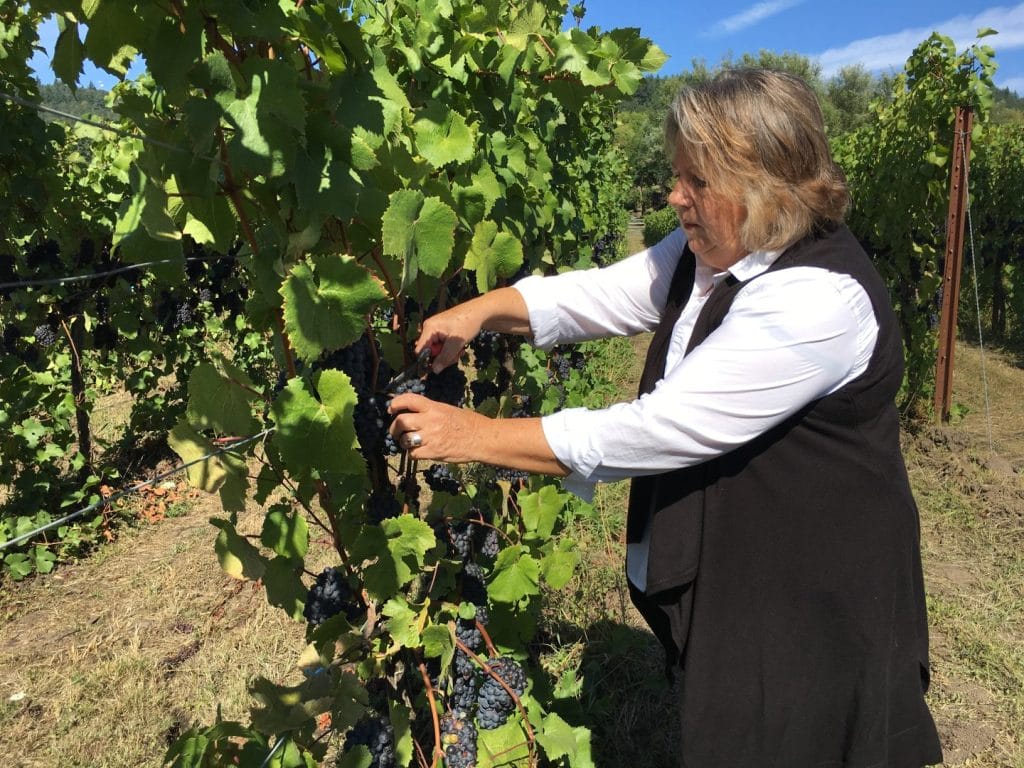 Gabriele Keeler on her farm with grapes