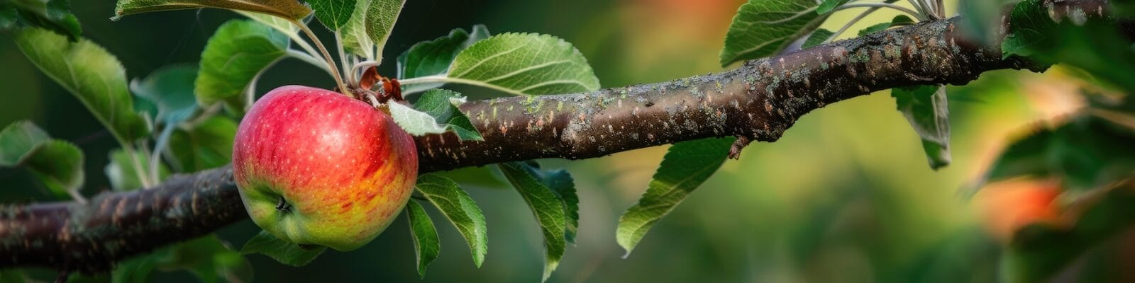 A ripe, red and yellow apple hanging from a branch of a mature apple tree surrounded by green leaves