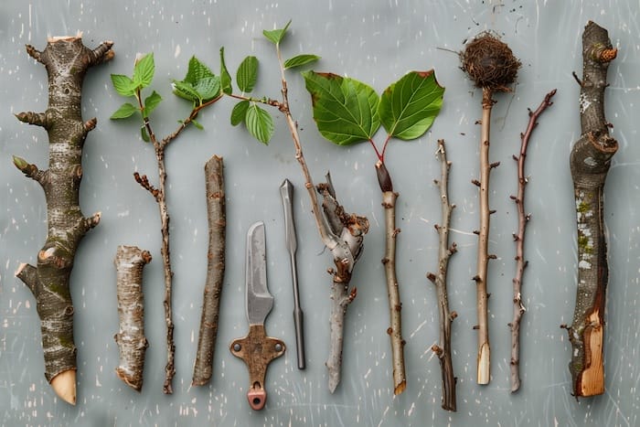 A flat-lay of grafting materials: scion sticks of different varieties, cut samples, and a grafting knife laid out on a grey surface