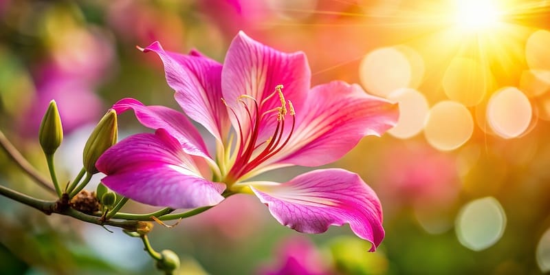 A bright pink Bauhinia flower in full bloom, petals curling back with long yellow stamens, sunlight filtering through the background
