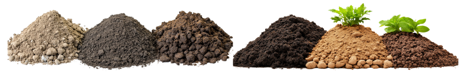 Different types of garden soil including sandy, clay, loam, peat and more