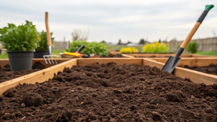 Garden beds with tools and soil