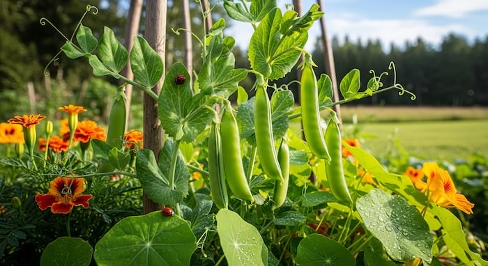 Green peas among vibrant garden flowers