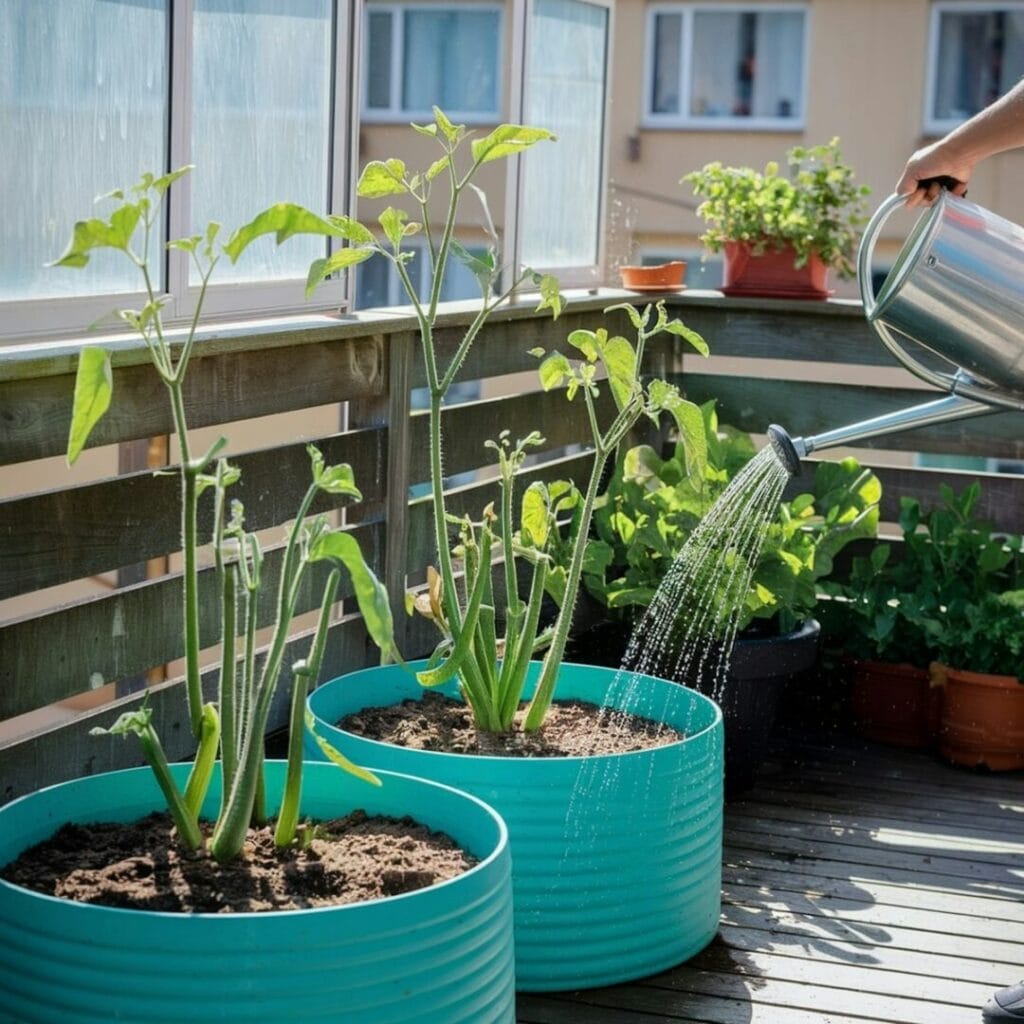 someone waters plants in pots on a balcony.