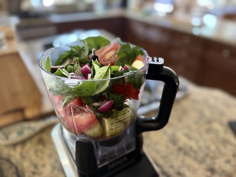 ingredients for gazpacho in a blender